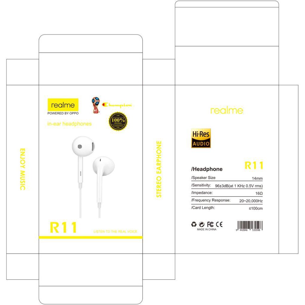 1~PCS~EARPHONE REALME R11 CHAMPION HEADSET - HANDSFREE - HF LOG ON HIFI SOUND NEO MACARON LO-HF680