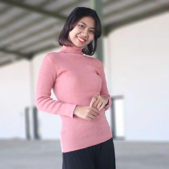 SN - TURTLENECK/LONGNECK sweater rajut wanita ribbed-Pink Dusty