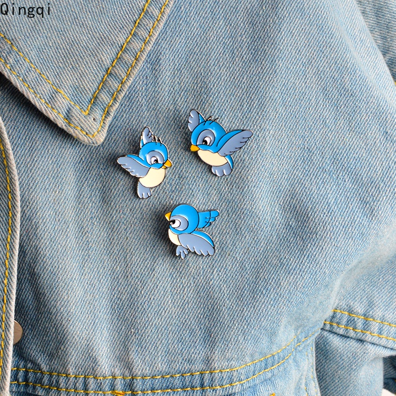 Bros Pin Enamel Bentuk Kartun Tiga Burung Warna Biru Untuk Anak