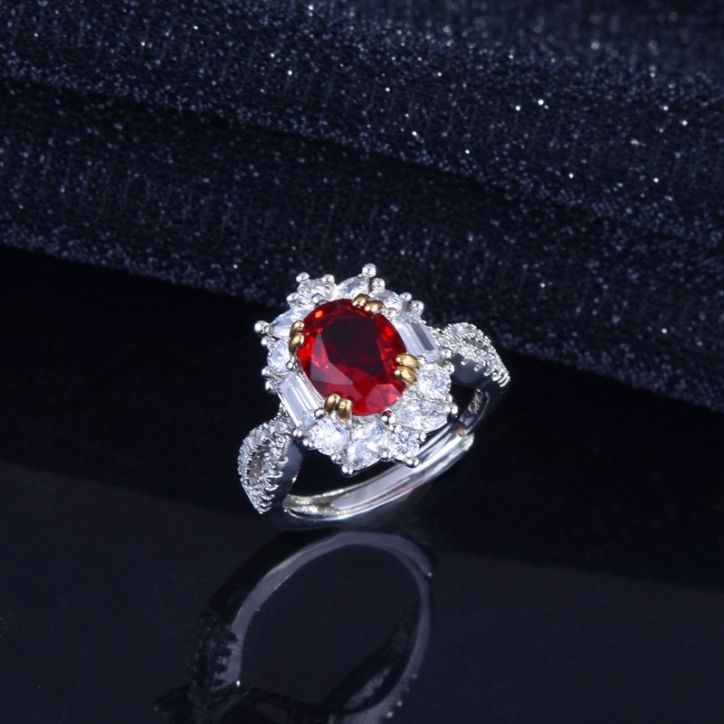 Fancyqube Cincin Sterling Silver 925 Model Terbuka Dengan Batu Zircon Oval Merah Vintage Untuk Wanita