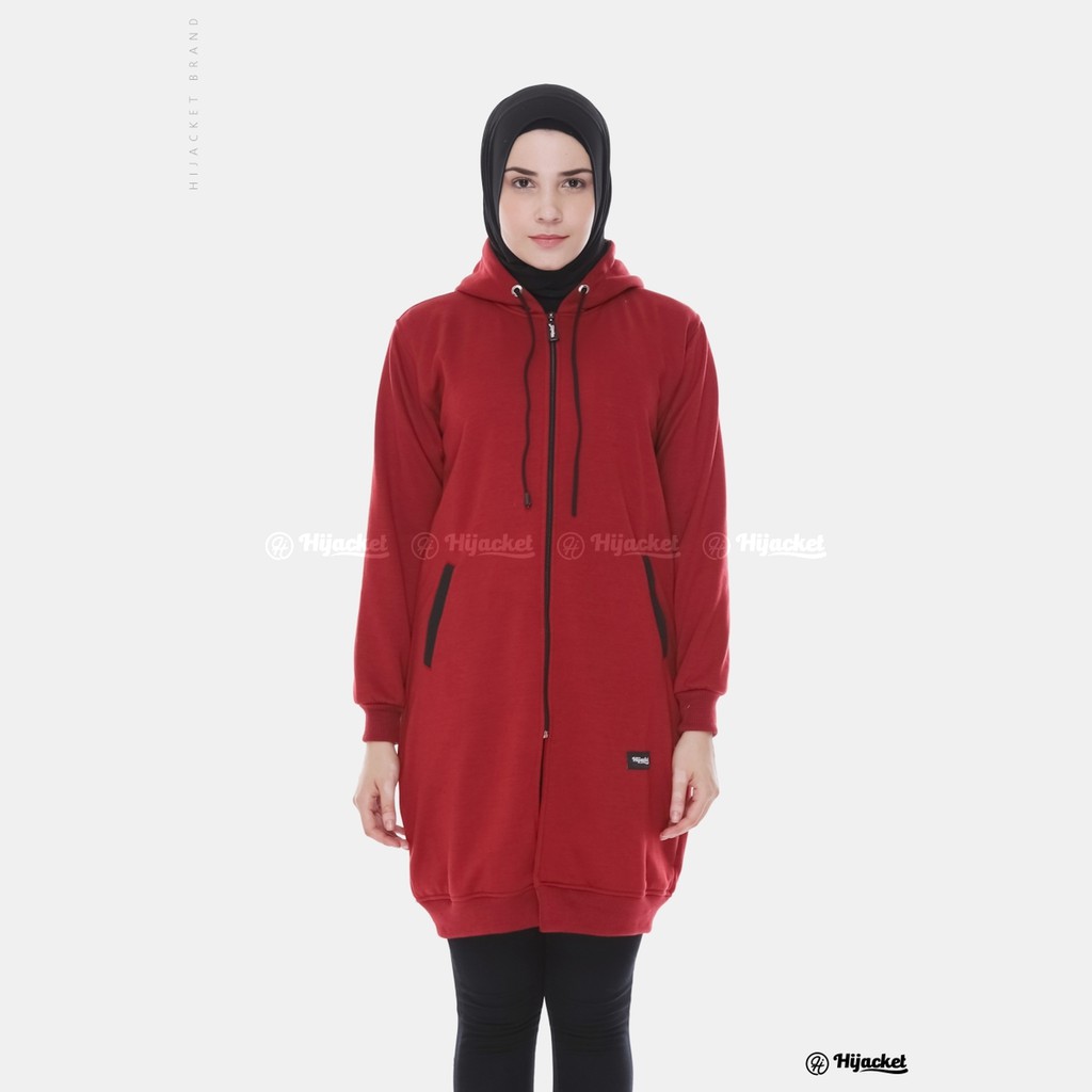 Hijacket Basic jaket hijab wanita Muslim Syari panjang polos tebal (COD bayar di rumah)-HJ10 Maroon x black