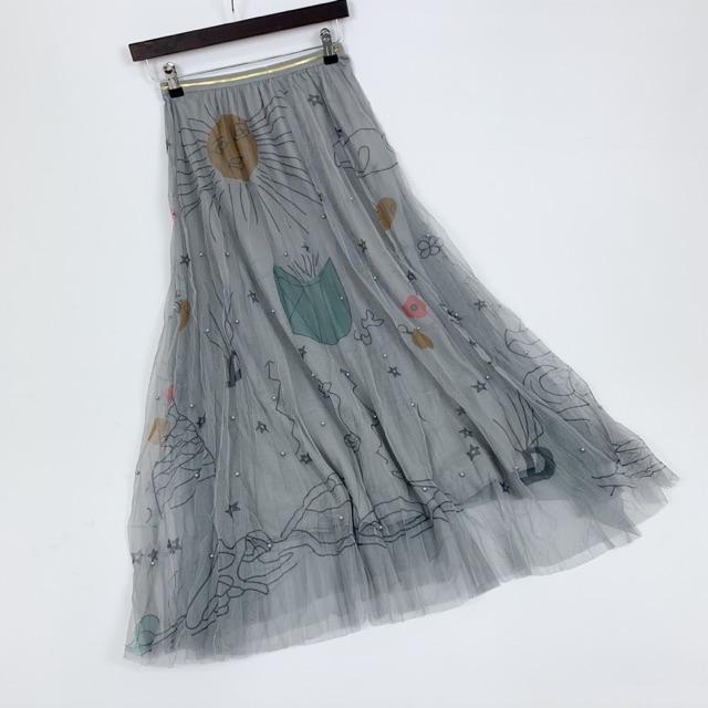 Rok Tutu Panjang Motif / Tutu Maxi Skirt Graffiti Printing Import 3 Layers - KLV Store-Grey