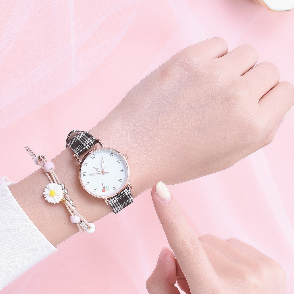 ✅ COD KUMA Jam Tangan Wanita Quartz Analog Motif Lucu Korean Fashion Dengan Tali Kotak-Kotak Import