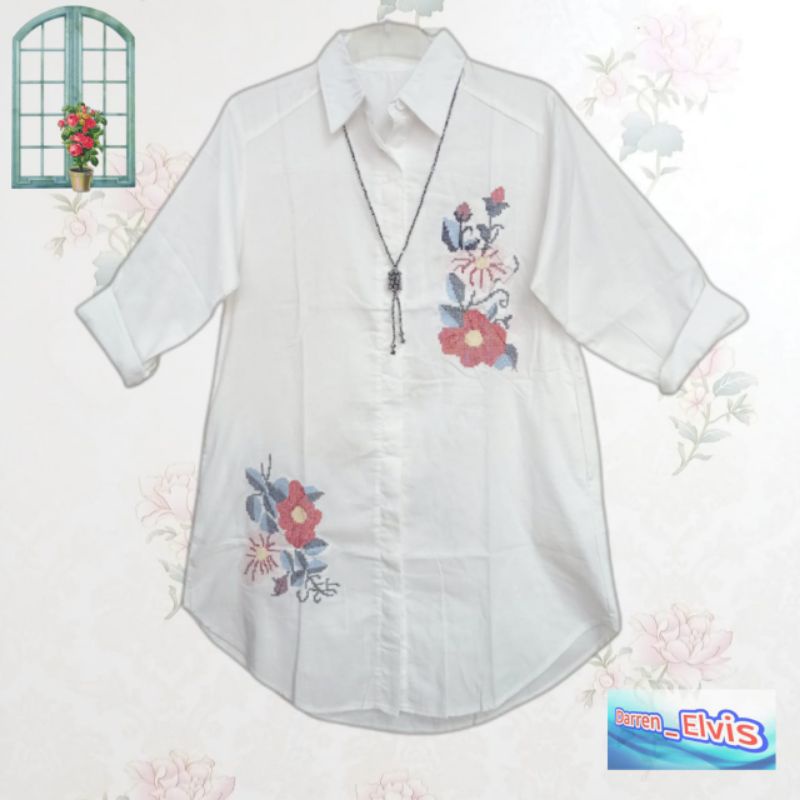 New Tunik Wanita Putih Bordir Bunga 7777