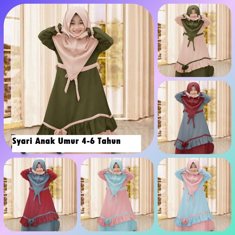 Baju Muslim Anak Perempuan Pakaian umur 4 -6 Tahun Syari List Fiolin