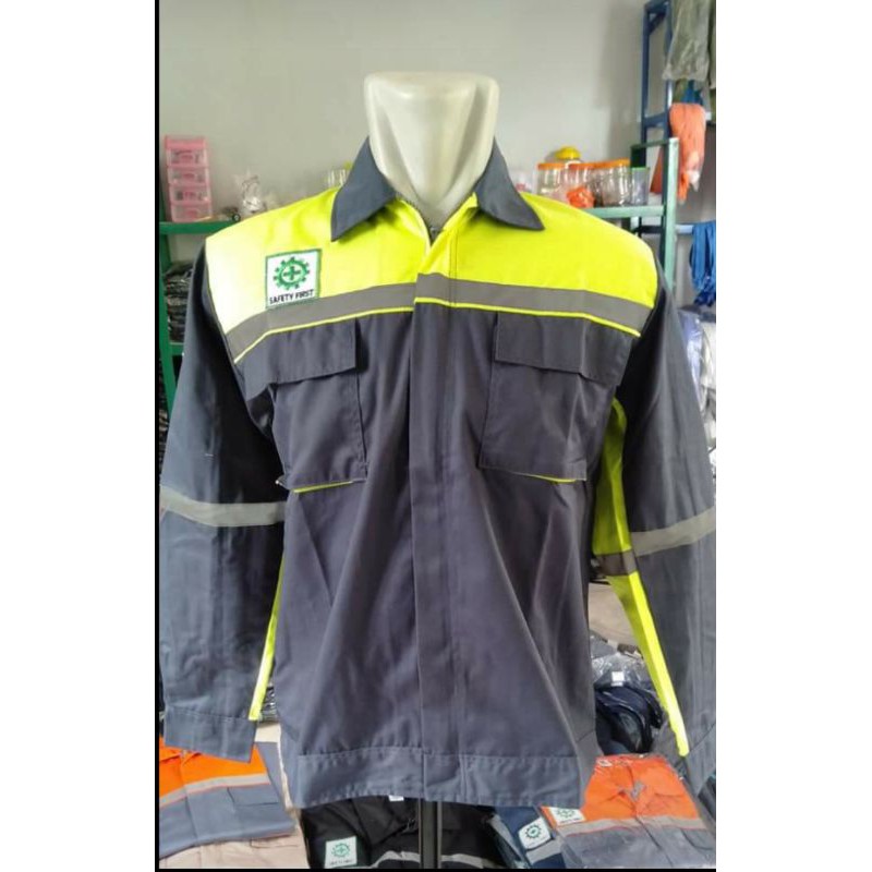 SERAGAM SAFETY FREE BORDIL K3 BENDERA WEARPACK KATELPAK ATASAN KUNING ABU RESLETING KAIN DRILL