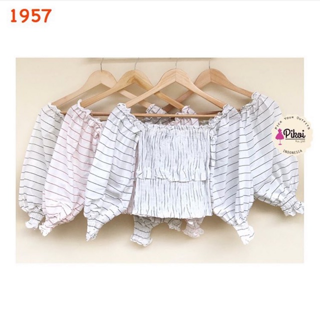 Blouse korea murah / blouse cewek lucu / baju sabrina murah / blouse crop cantik / baju pantai /1957