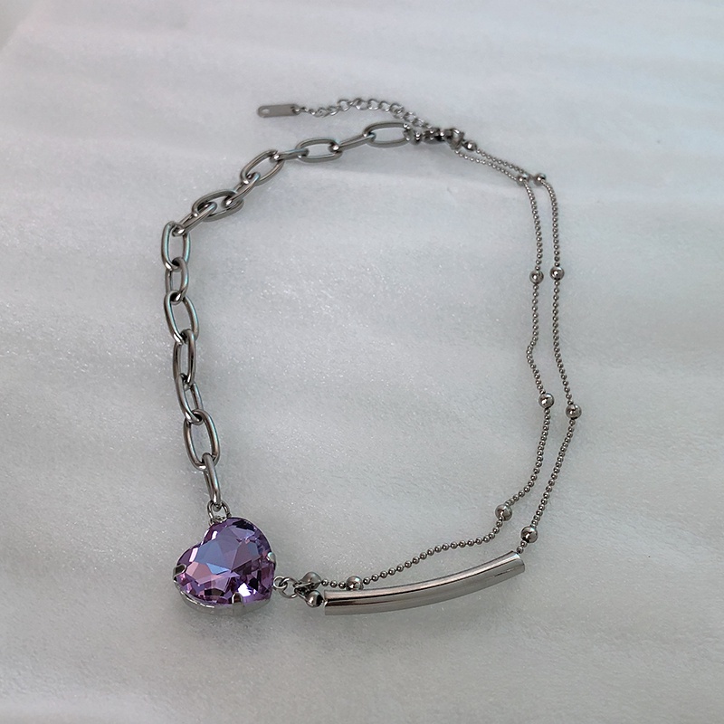 Asymmetrical Necklace Accessories Purple Heart Rhinestone Clavicle Chain Double Short