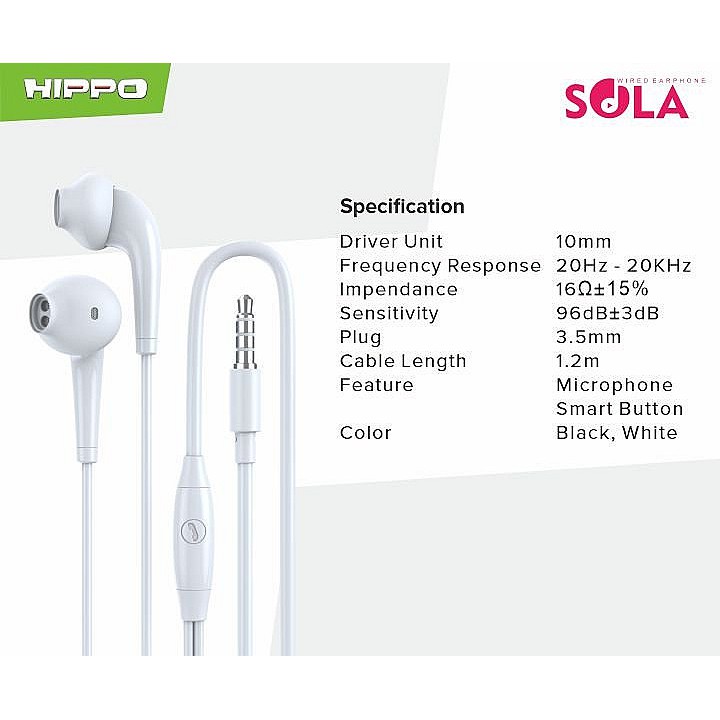 Hippo original Headset Sola Stereo Wired Earphone putih