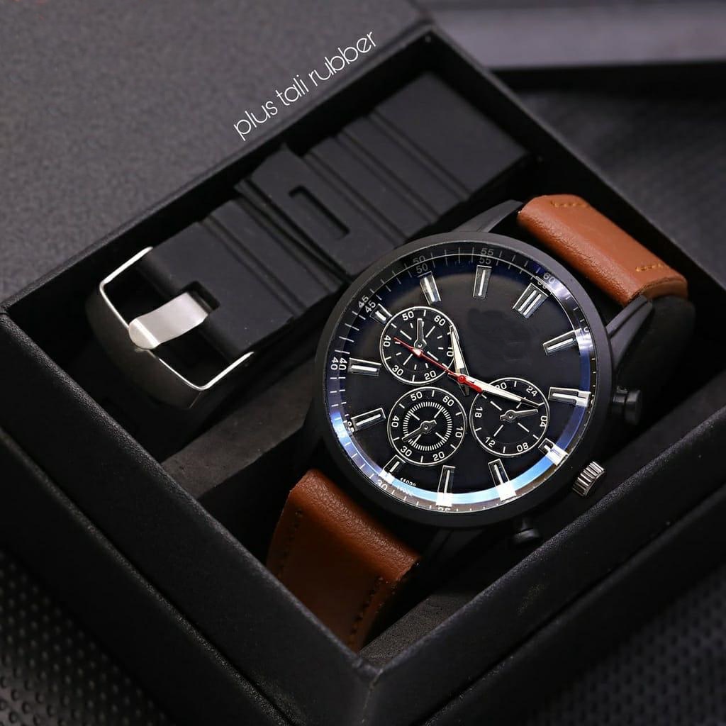 [DGS] Best Seller! Jam Tangan Swis Made Pria / Cowok Kulit Fashion 7878Ls Chrono Variasi Free 1 Tali Rubber &amp; Box - COD