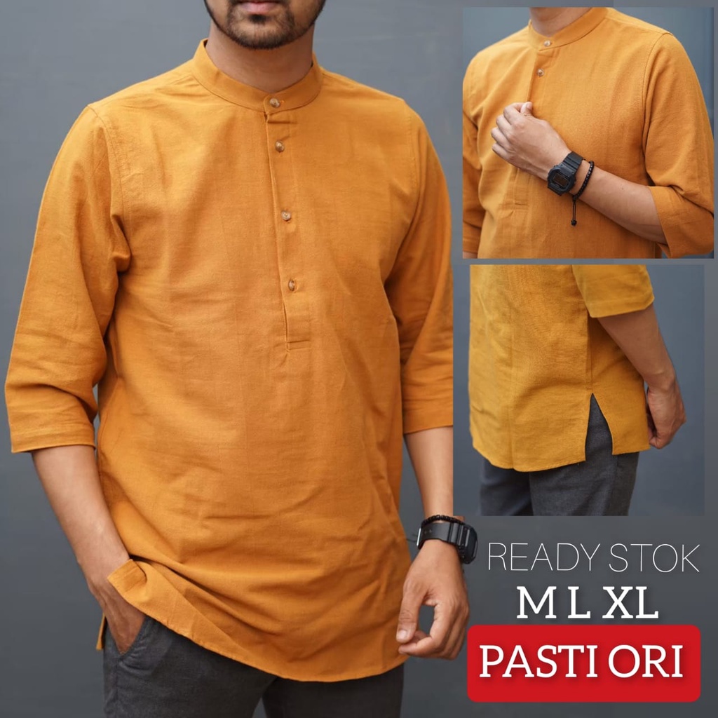 AL HABSYI Kurta Pakistan Linen l Baju Koko kurta Pakistan l Kurta Pakistan lengan tiga perempat l Koko Qurta l Qurta Pria l Qurta lengan tiga perempat l KURTA LS pria lengan tiga perempat polos warna Mustard seri KLTP 001 l BAJU MUSLIM TERBARU 2022