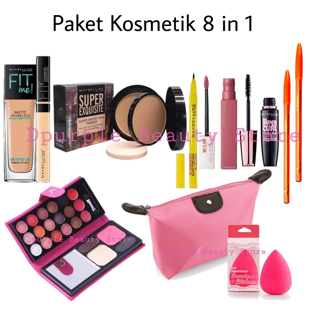 Paket Kosmetik Maybelline Super Hemat Lengkap 10 In 1 - Bedak Tabur - Bedak Padat &amp; Basah - Fondation - Concealer - Contour - Eyeshadow Dompet - Maskara - Eyeliner - Lipcream - Pensil Alis - Beauty Blender - Tas Kosmetik Pouch