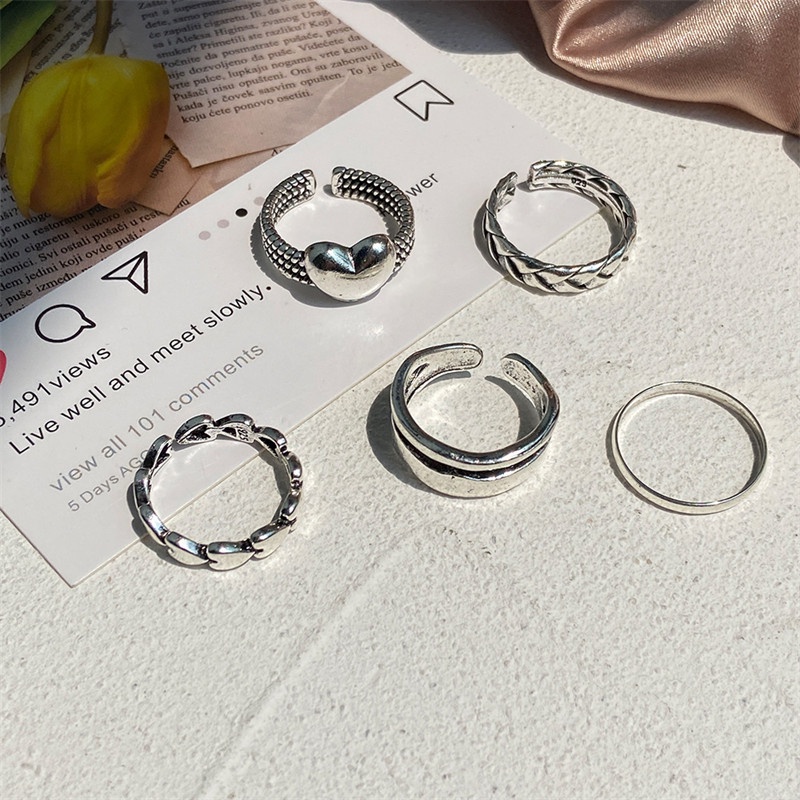 5pcs / Set Cincin Bentuk Hati Gaya Simple Untuk Wanita