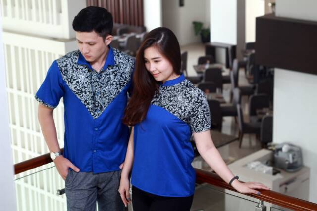 Blouse Batik Kerah Sanghai Biru M L XL XXL