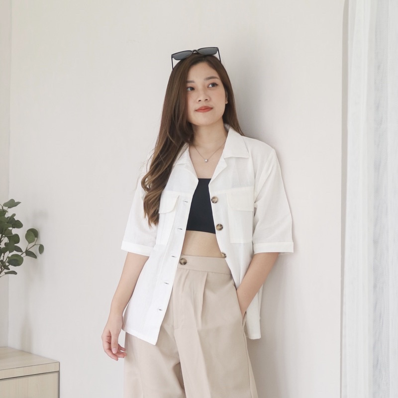 MSMO Somi Oversized Linen Shirt Outer / Atasan Wanita / Kemeja Wanita / Kemeja Linen / Top Wanita / Linen Shirt-Broken White