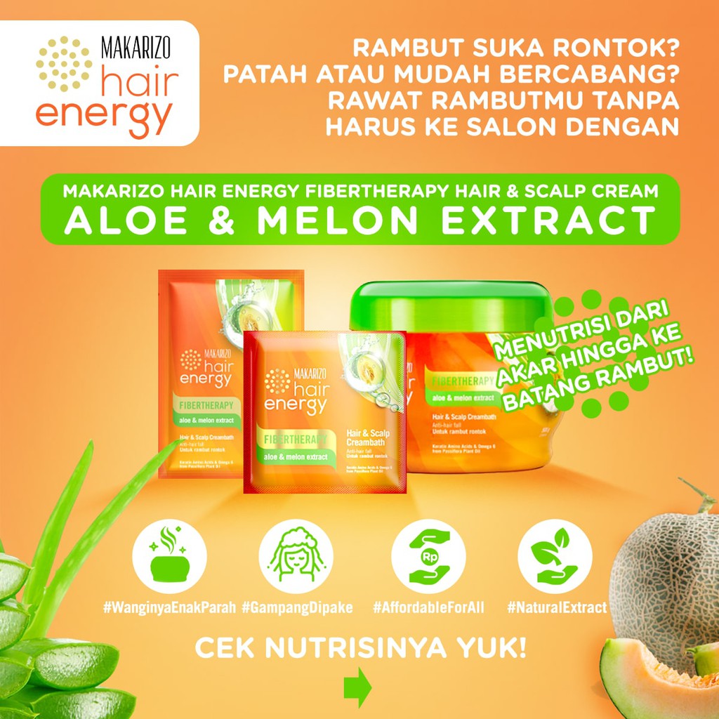 Makarizo Hair Energy Fibertherapy Hair &amp; Scalp Creambath Aloe &amp; Melon 60 gr/ Perawatan Rambut Rontok