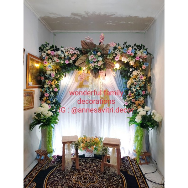 sewa dekorasi backdrop pelaminan/akad nikah/pernikahan rustic premium 2.2.meter