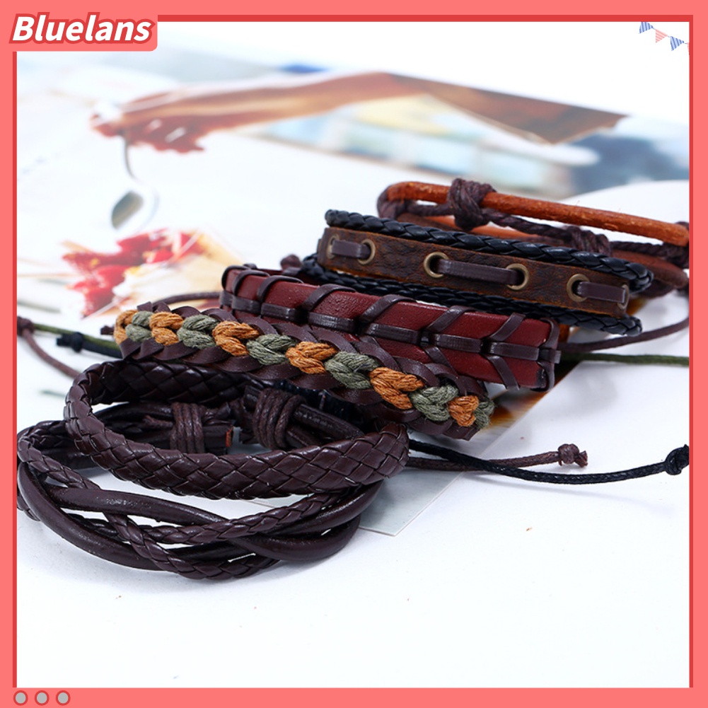 Bluelans 6Pcs / Set Gelang Tali Kepang Bahan Kulit Imitasi Gaya Vintage Untuk Pria