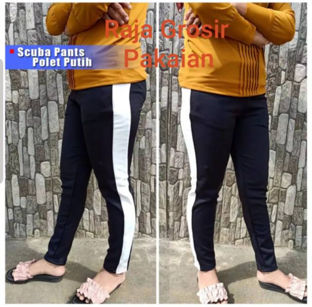 Celana Scuba List Pinggir Putih Celana Bahan Legging Kekinian / Luna Scuba List Putih