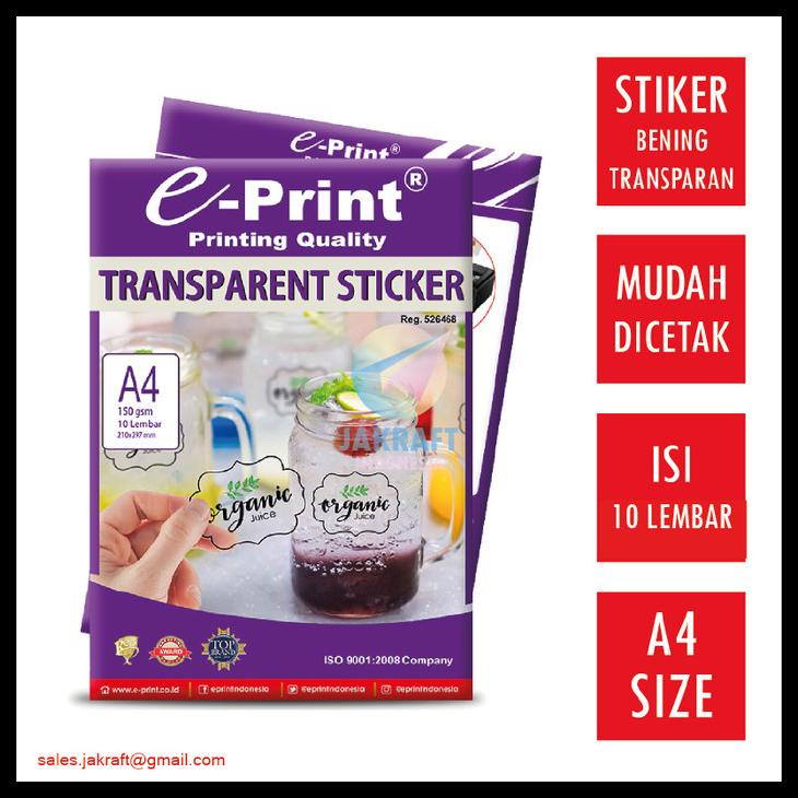 

Kertas Stiker Transparan Anti Air A4 E-Print Transparent Sticker Kode 758
