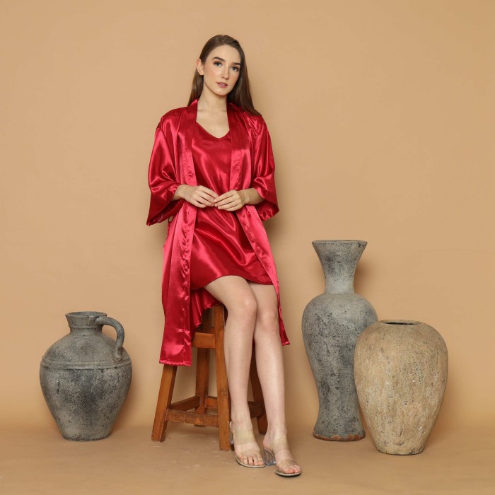 600624-Cynthia Kimono Set Satin Polos - Maroon #98