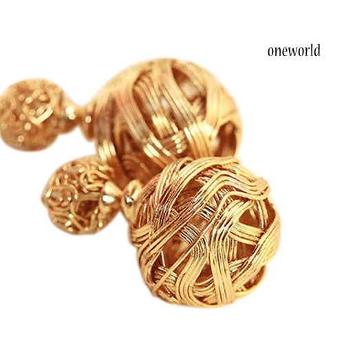 OW@ Women's Fashion Jewelry Double Sides Two Gold Plated Ball Hollowed Studs Earrings