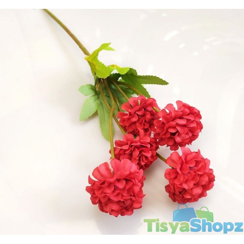 Bunga Pompom Artificial / Bunga Plastik Bunga Hiasan [TANPA POT]-Merah
