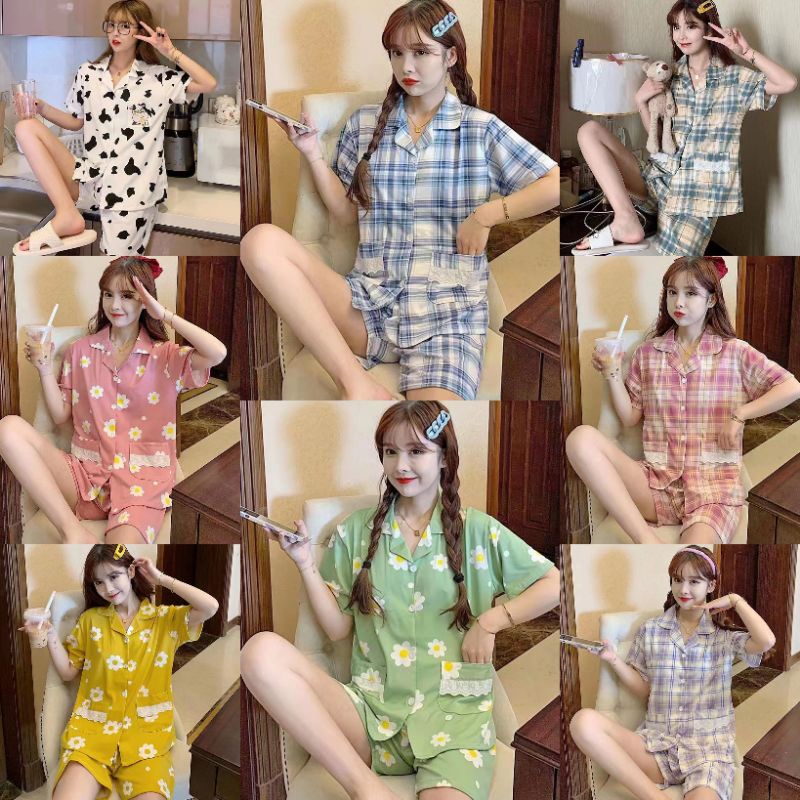 RULIF Baju tidur krah pendek wanita import Homewear/Piyama oneset Katun Kaos The Peach