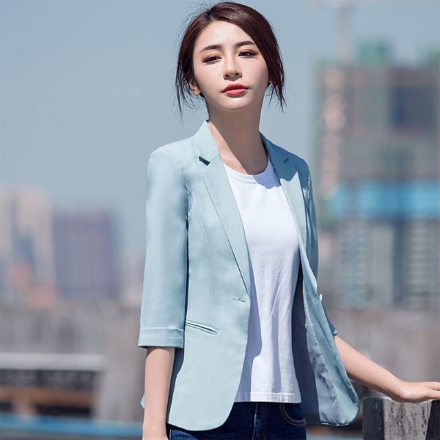 Women S Summer Light Blue Slim 3 4 Sleeves All Match Thin Short Women S Blazer Shopee Indonesia