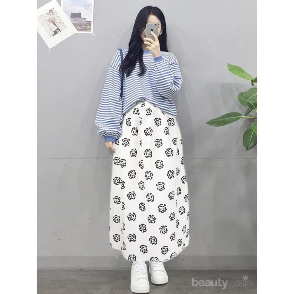 IZANY Rok Wolfis Panjang Banyak Motif-ROSE BLACK ON WHITE