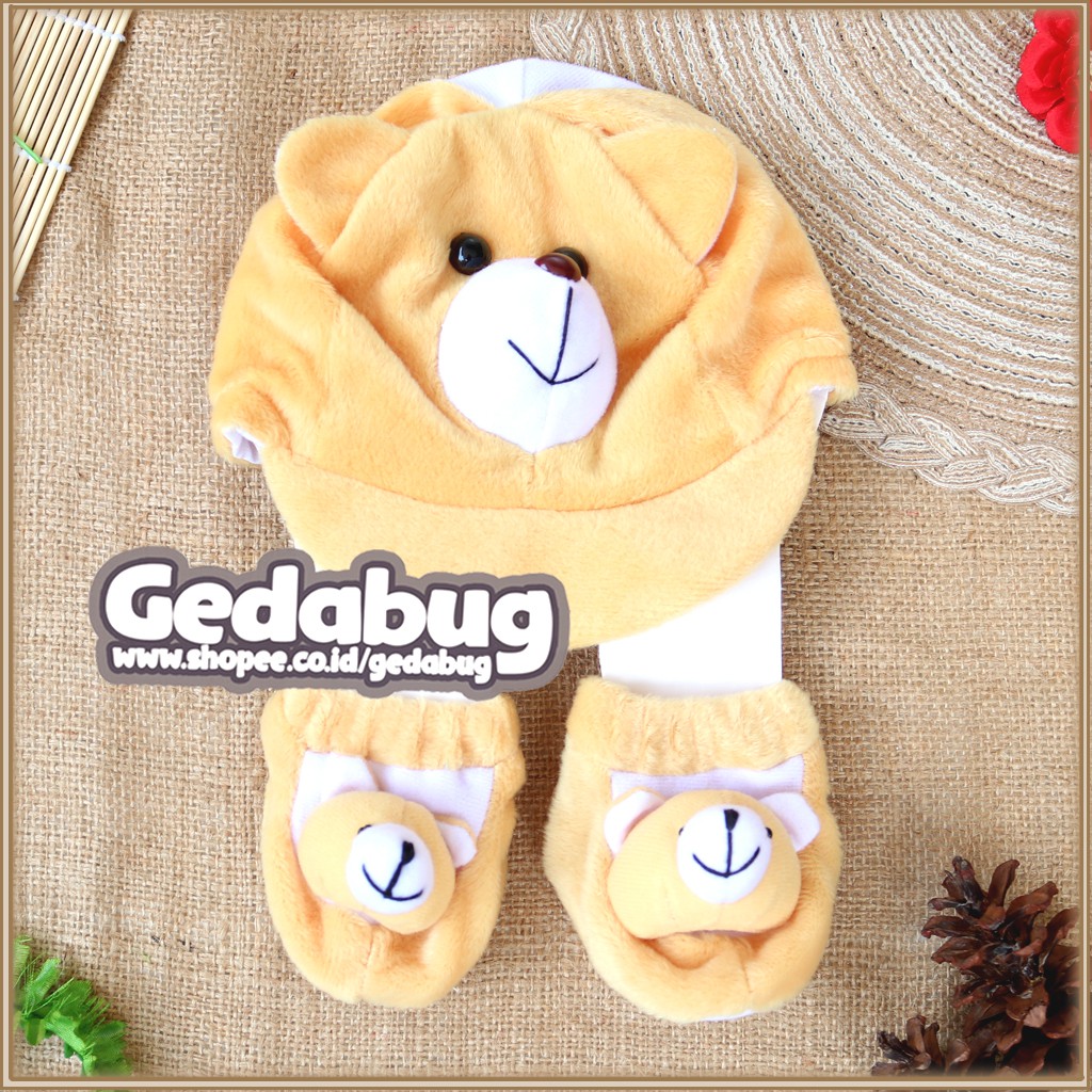 Topi Set Bulu Charakter OKIYO / Topi Bayi Newborn + Kaos Kaki Bulu - gedabug