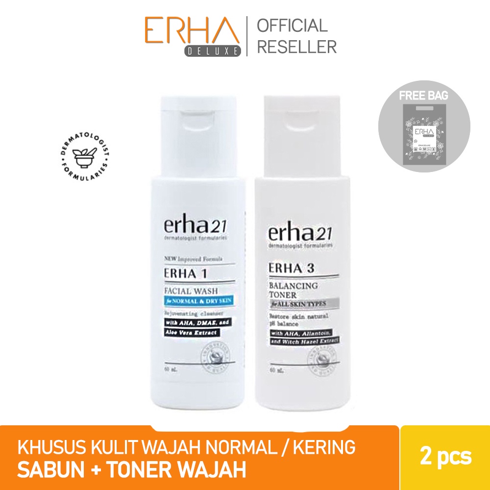 ERHA Paket Pembersih Wajah dan Toner - ERHA 1 + ERHA 3 - Kulit Kering dan Normal dgn PHA AHA