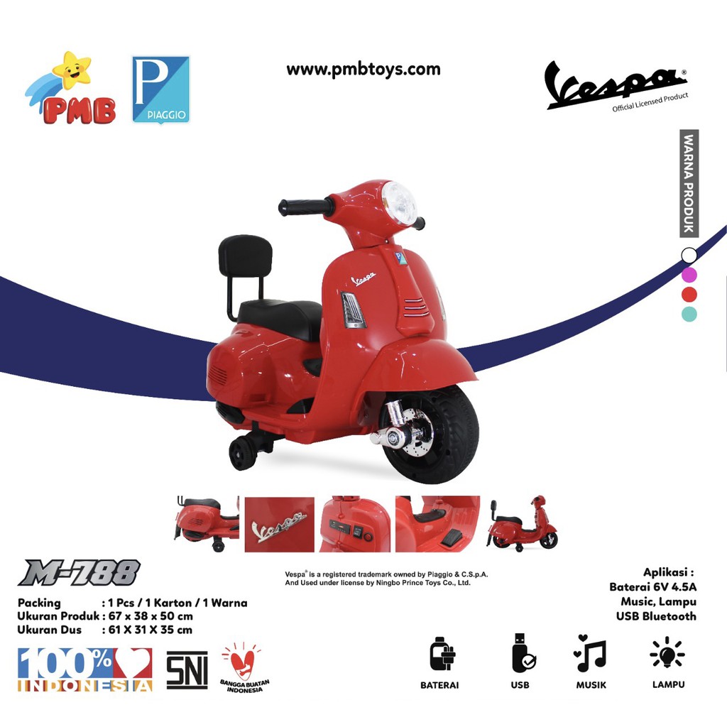 Motor Aki Anak PMB M-788 VESPA OFFICIAL LICENSED Mainan Motor Anak