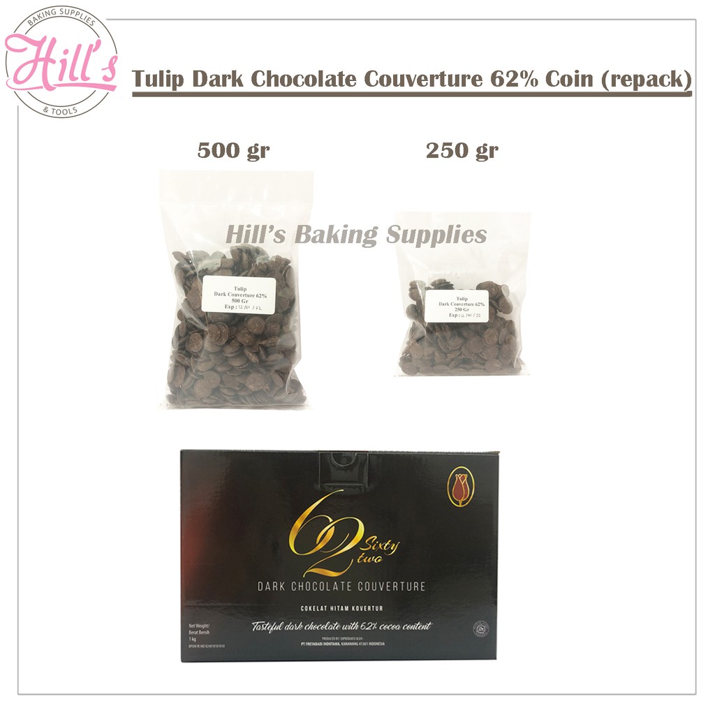 

TULIP DARK CHOCOLATE COUVERTURE 62% 250gr 500gr / COKELAT COUVERTURE / COKLAT COIN CHOCO 62 % 250 500 gr