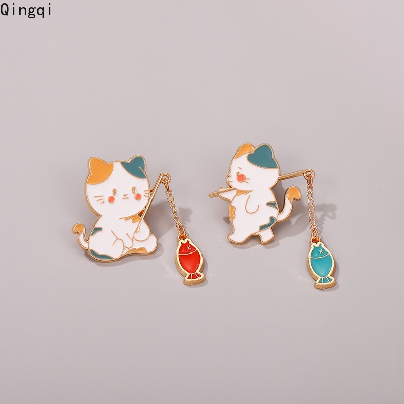 Bros Pin Bentuk Kartun Kucing Memancing Dengan Rantai Bahan Logam Untuk Hadiah Anak