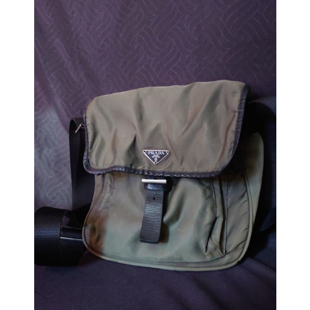 Tas SlingBag Prada Milano Pria Nylon Green Authentic Original Army Preloved Second Bekas