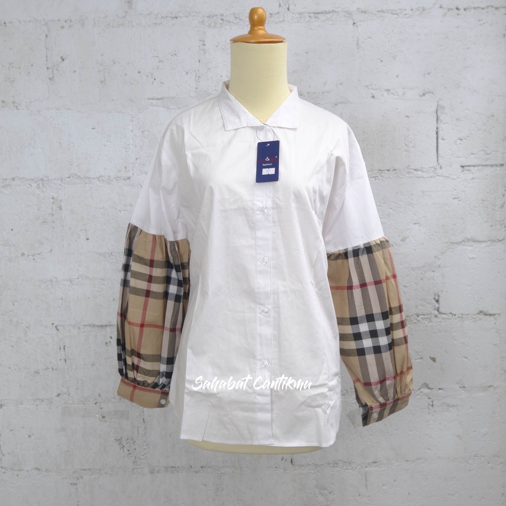Atasan Kemeja Katun  Lengan Balon Motif Burberry Arumy Original By Metis