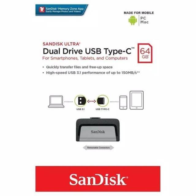 FLASHDISK OTG DUAL DRIVE USB TYPE C 64GB/ SANDISK ORIGINAL GARANSI 5 TAHUN