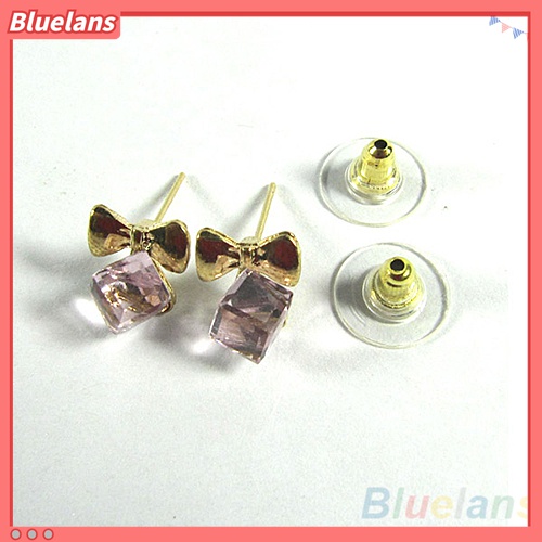 Anting Stud Berlian Imitasi Berkilau Bentuk Pita Kubus Untuk Wanita