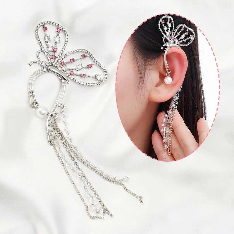 1pc Anting Kait Gantung Panjang Desain Kupu-Kupu Hollow Hias Berlian Imitasi + Mutiara Untuk Wanita