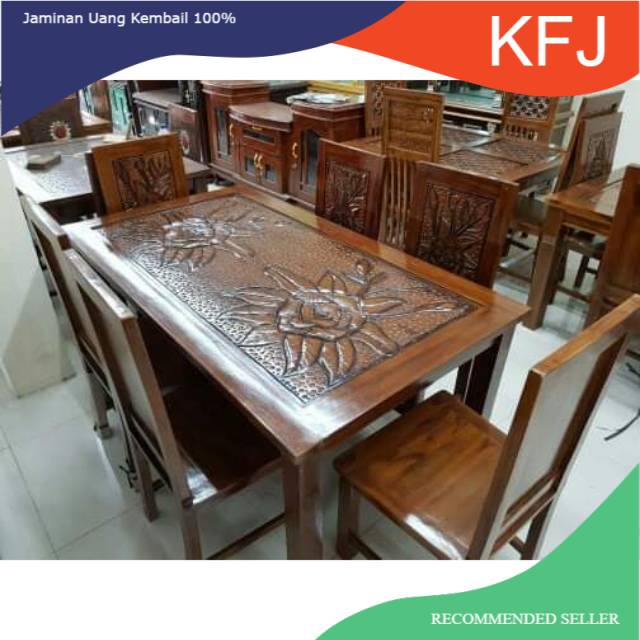 Meja makan kursi 6 + kaca meja jati