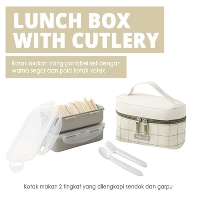 Lock &amp; Lock lunch Box 2 Pcs with Bag &amp; Spoon Fork Set kotak bekal Estetik Lock n Lock HPL752 HPL762