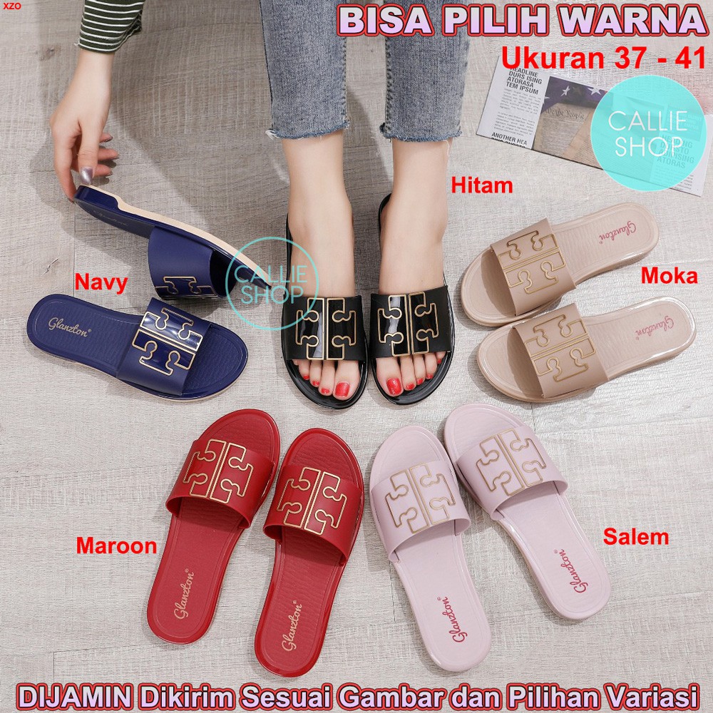 Sandal Wanita Selop Motif Huruf Mewah Jelly Import Sol Tebal 2cm Glanzton M2125-3