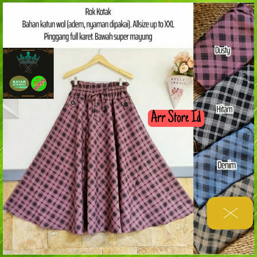 Rok Kotak Kotak Fashion Muslim Skirt Payung Panjang Wanita Kekinian Premium Ld 60-100 P 90 Allsize