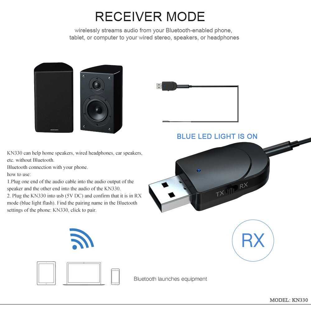 VIKEFON 2 in 1 USB Audio Bluetooth 5.0 Transmitter &amp; Receiver - KN330