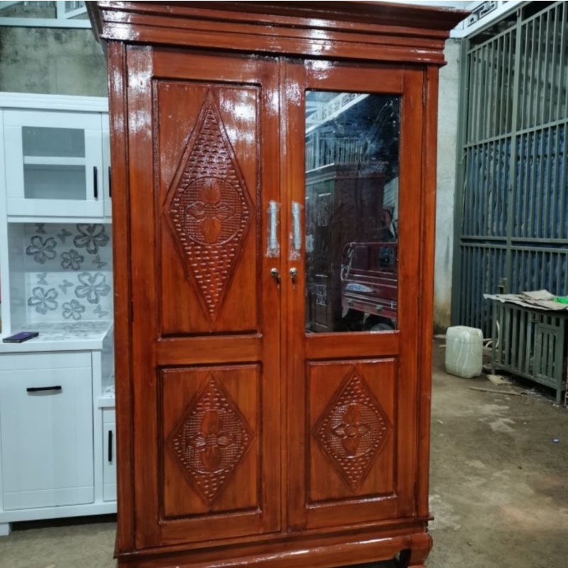 LEMARI JATI CERMIN 2 PINTU 2 AMBALAN LEMARI BAJU LEMARI PAKAIAN LEMARI KAYU JATI CERMIN