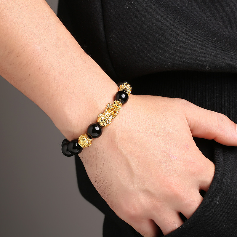 Unisex Feng Shui Black Obsidian Beads Bracelet / Wealth and Good Luck Bracelet / Lucky Gold Colour PIXIU Pendant Bracelet