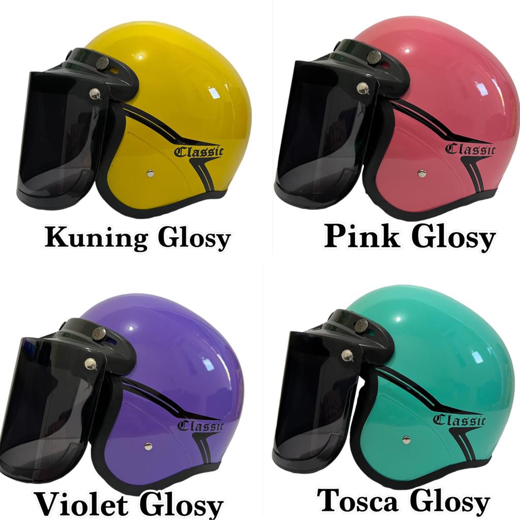 HELM BOGO GARIS CLASSIC sudah termasuk KACA DATAR free PACKING