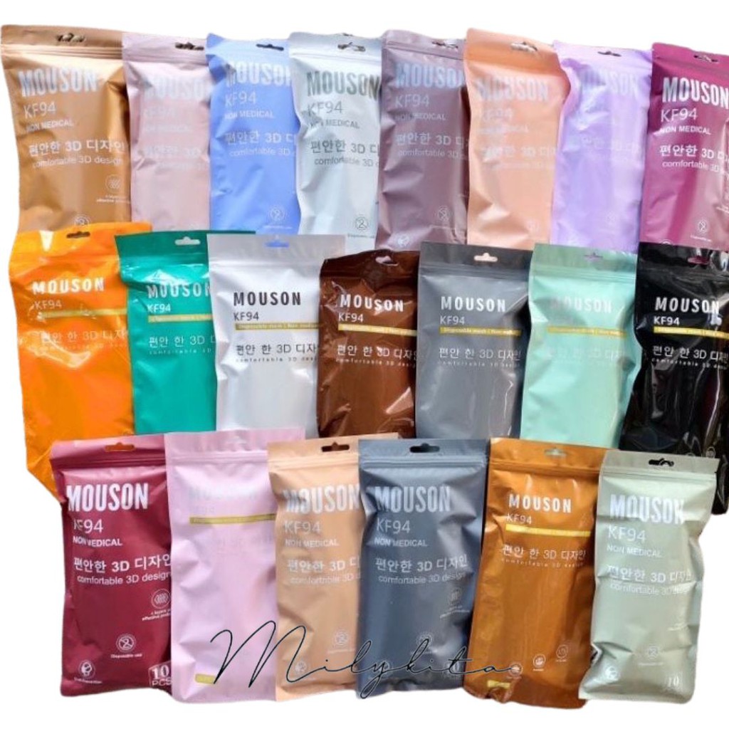 Masker KF94 Mouson Hitam Putih Warna 4 ply Original Emboss Earloop 10 pcs