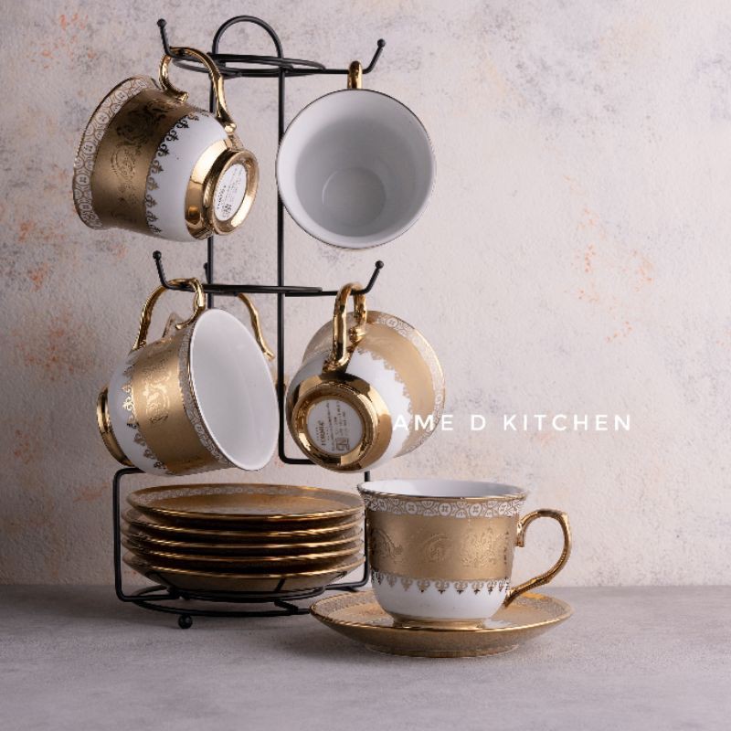 Tea set formia gold 12 pcs + rak stenliss hitam